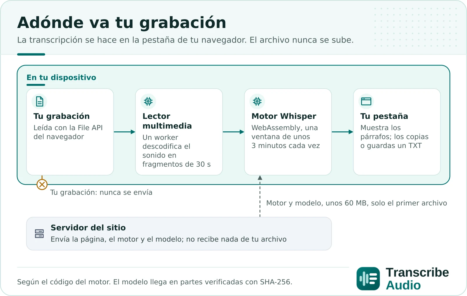 Diagrama de adónde va tu grabación: tu navegador lee el archivo, un lector multimedia en un worker descodifica su sonido en fragmentos de 30 segundos, el motor Whisper en WebAssembly lo transcribe por ventanas de unos 3 minutos y tu pestaña muestra los párrafos para que los copies o los guardes en TXT. La grabación nunca se envía al servidor del sitio, que solo envía la página, el motor y el modelo (unos 60 MB con el primer archivo, que luego guarda el navegador).
