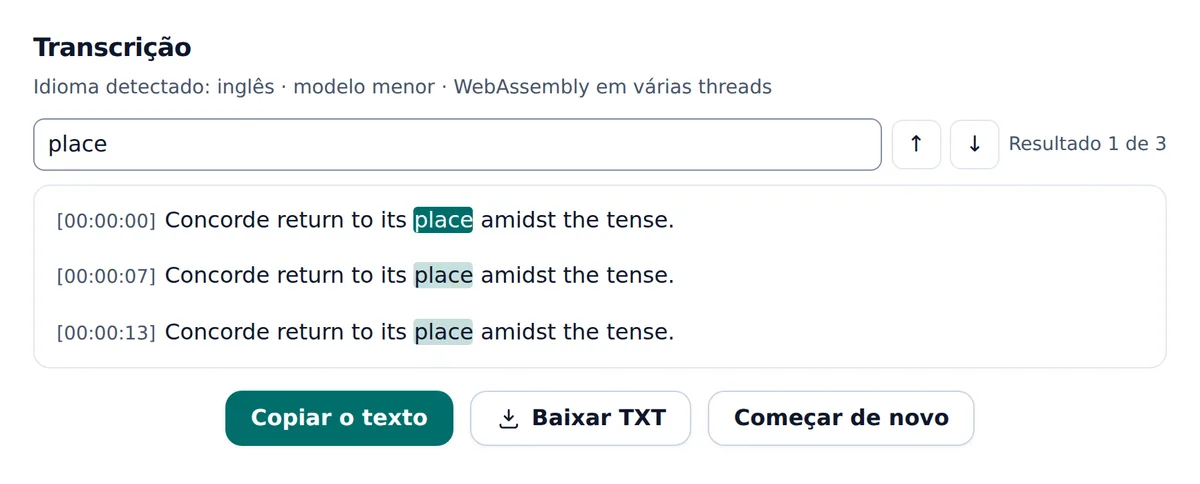 A transcrição na página: três parágrafos, cada um com sua marcação de tempo, a palavra place destacada em cada um e a busca em Resultado 1 de 3, com os botões Copiar o texto, Baixar TXT e Começar de novo embaixo.